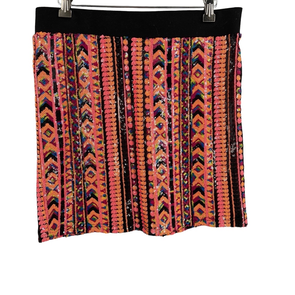 I Madeline Sequin Mini Skirt Colorful Geometric Festival Elastic Waistband Large
